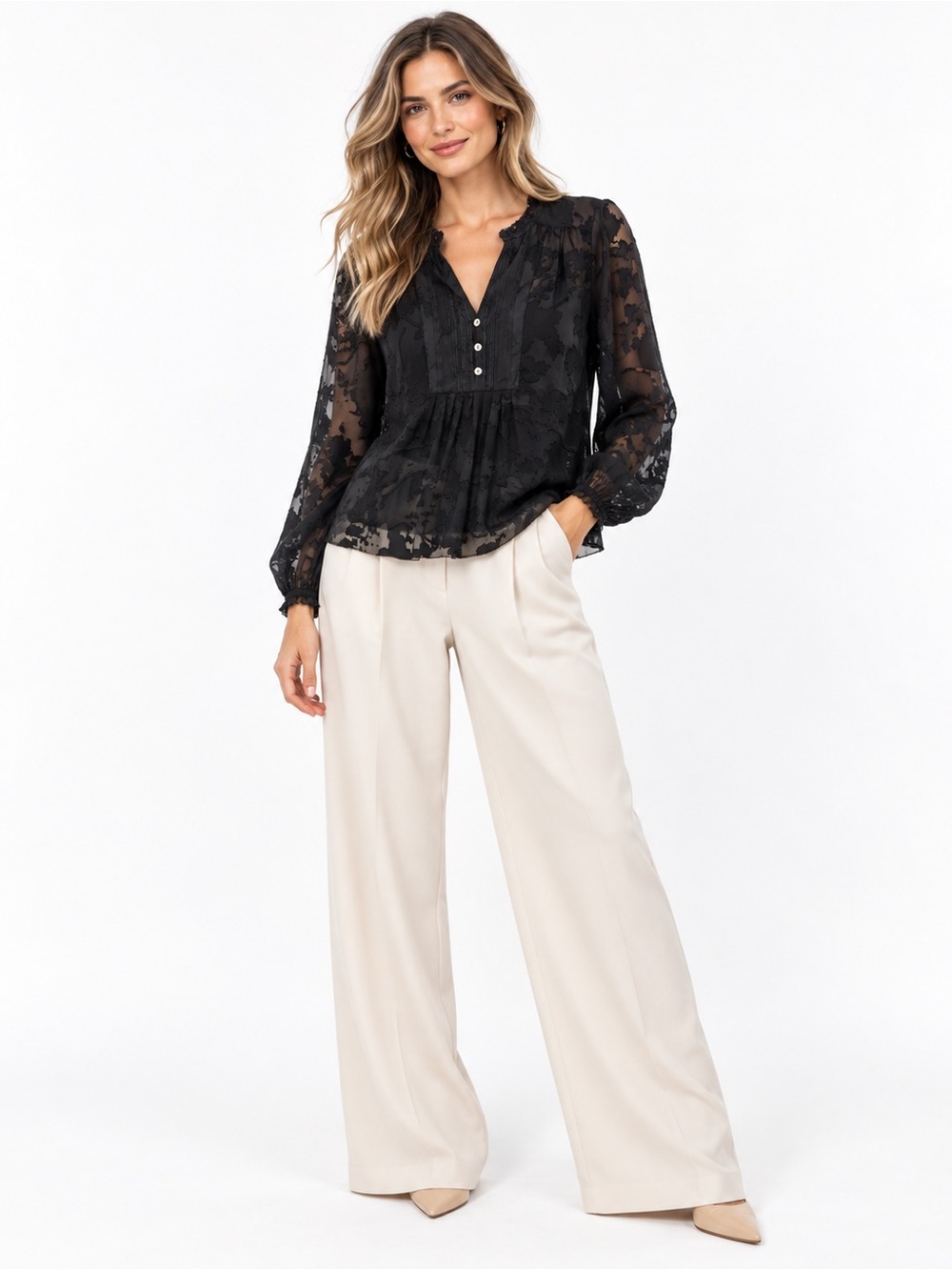 Diane von Furstenberg Annalise Silk Burnout Sheer Blouse Black Size 10 DVF